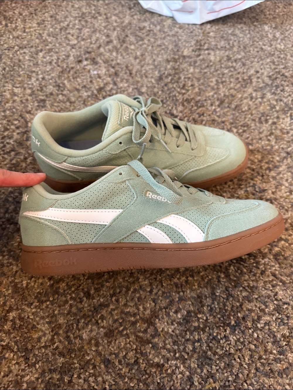 Reebok Mint Green Suede Sneakers with White Stripes and Gum Sole